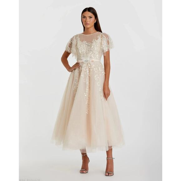 Mac Duggal 20362 Nude Embellished Flutter Sleeve Bow Waist A-Line Gown size 6 - Picture 1 of 14